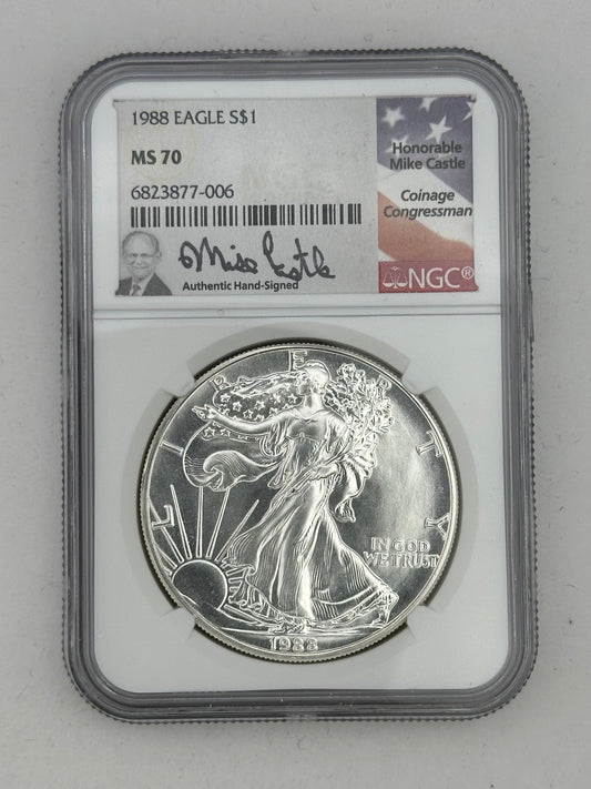1988 Silver Eagle MS70 – NGC (Mike Castle Signed)  NGC Price Guide $7500.00