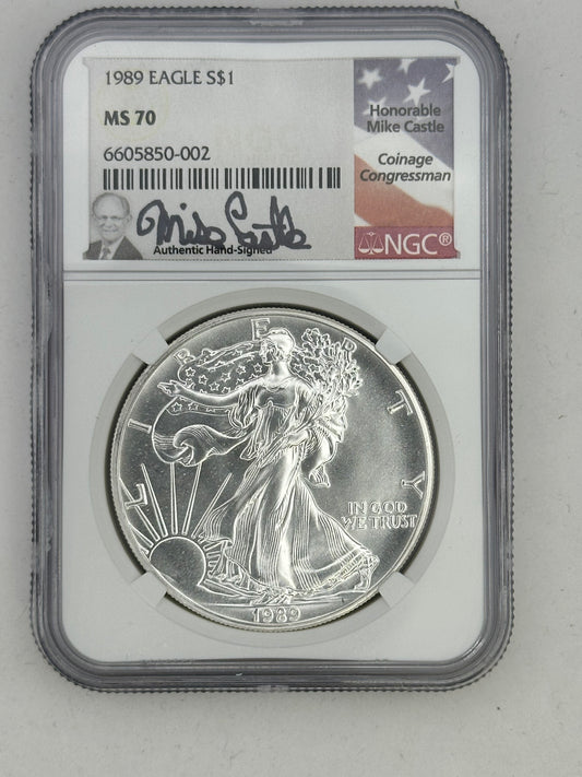 1989 Silver Eagle MS70 – NGC (Mike Castle Signed)