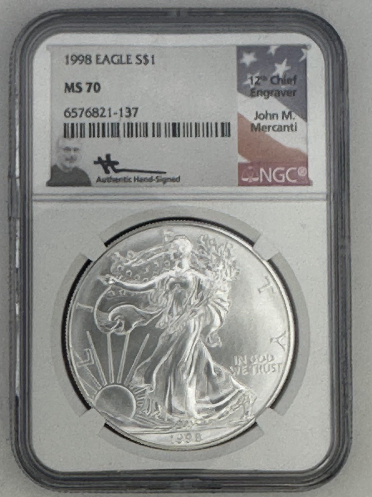 1998 1 oz Silver American Eagle MS 70 John Mercanti Signed 