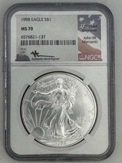 1998 1 oz Silver American Eagle MS 70 John Mercanti Signed 