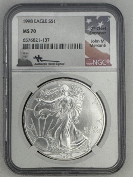 1998 1 oz Silver American Eagle MS 70 John Mercanti Signed 