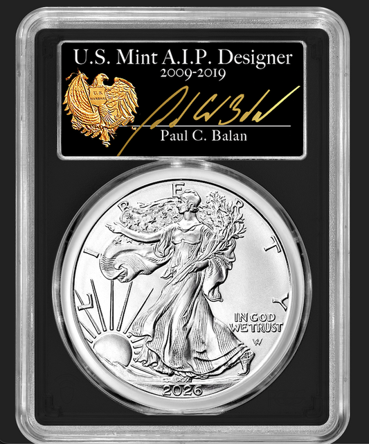 2026 RARE Paul C. Balan (Signed) MS70 $1 Silver Eagle FDOI Black Label Signature Series
