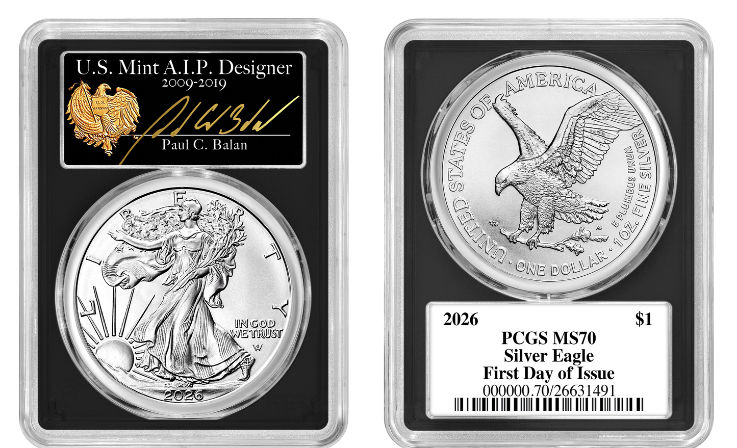 2026 RARE Paul C. Balan (Signed) MS70 $1 Silver Eagle FDOI Black Label Signature Series