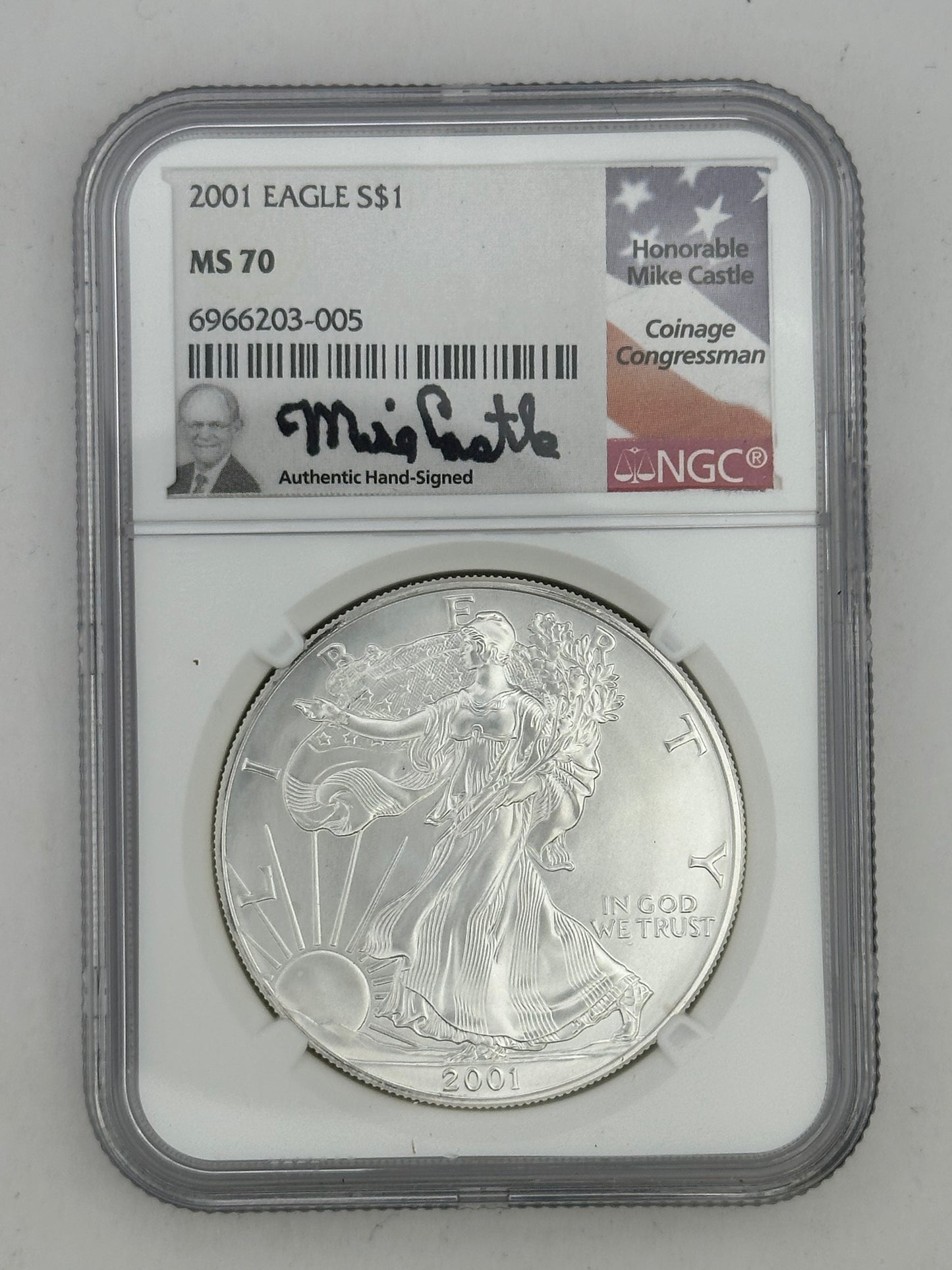 2001 Silver Eagle MS70 – NGC (Mike Castle Signed)