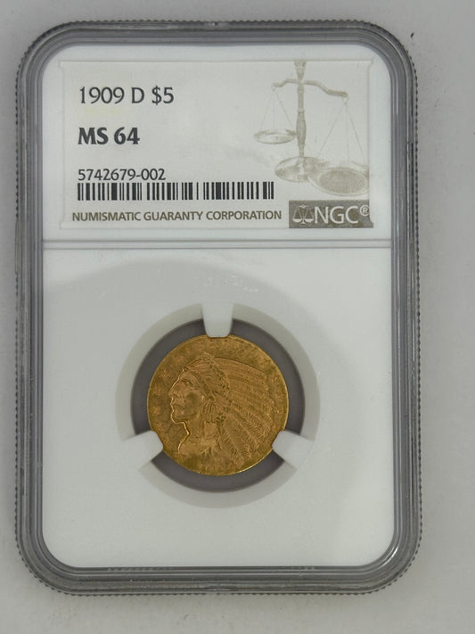1909-D $5 Indian MS64 PCGS